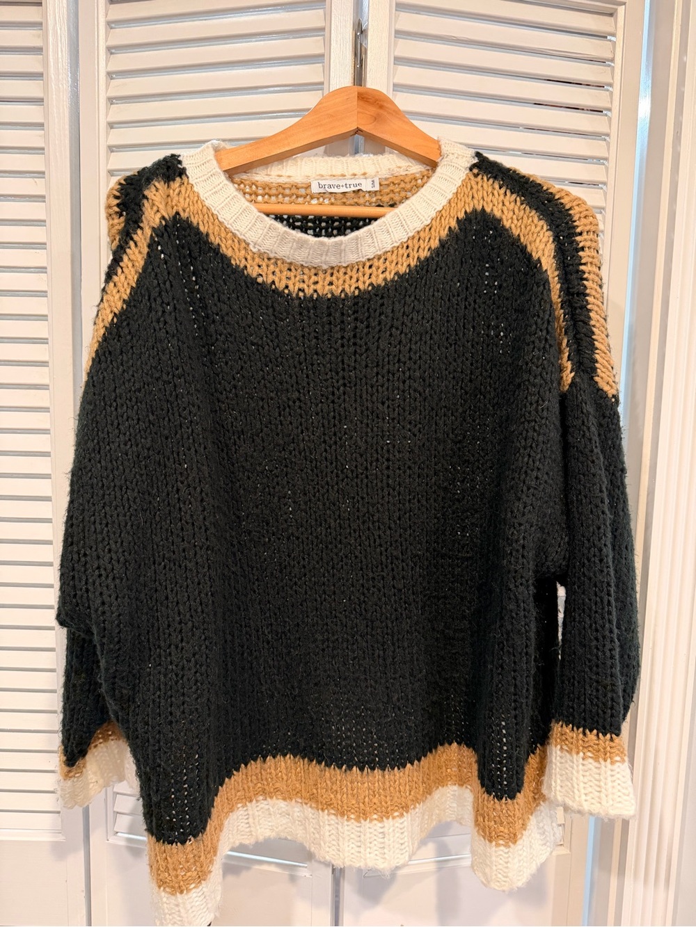 Brave + True Black Colorblock Crewneck Sweater with Tan & Cream Trim